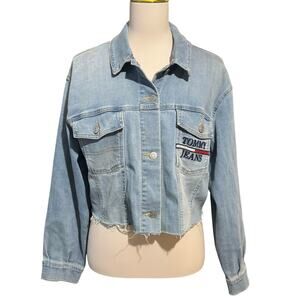 Cut Off Denim Jacket Tommy Jeans Womens Size Large Light Wash Raw Hem Hilfiger